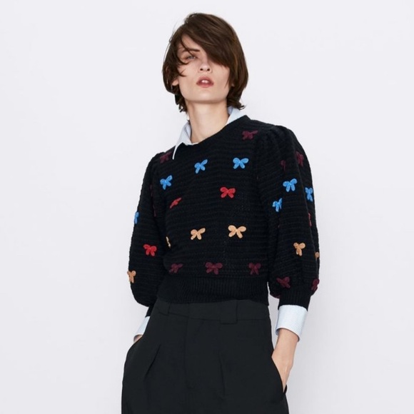 ZARA 🎀 NWT Puff Sleeve Chunky Knit Bow Sweater - Picture 6 of 6